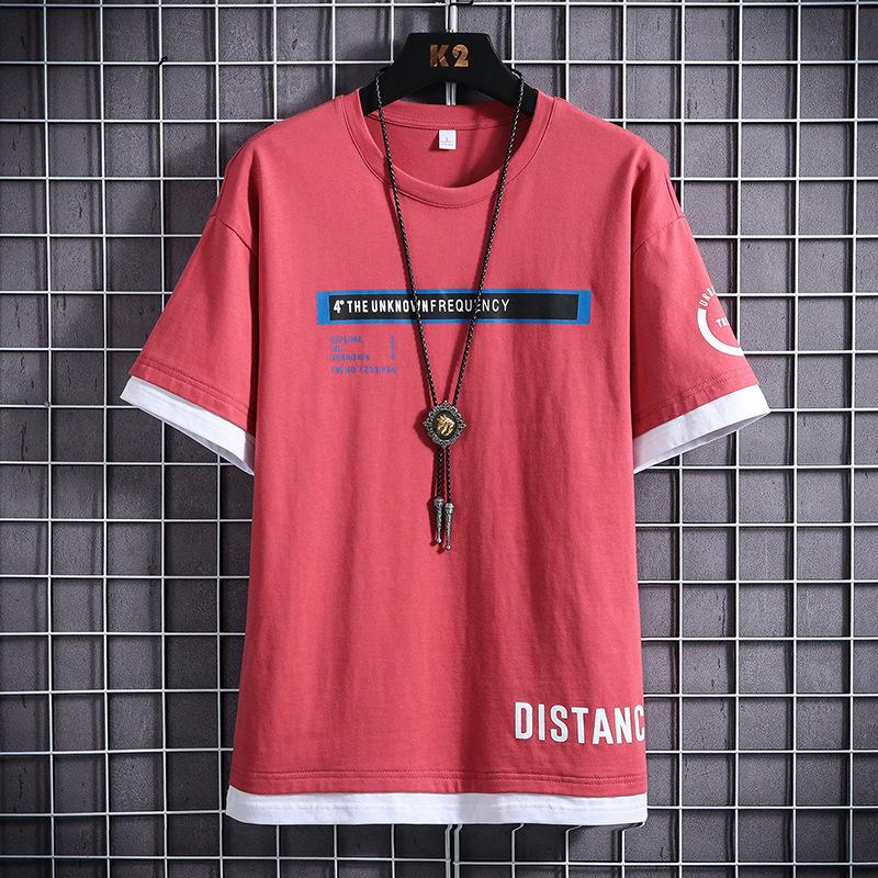 Летняя мужская модная футболка свободного кроя с коротким рукавом «два в одном» 2020 года