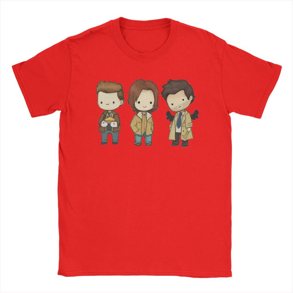Мужская футболка Sam Dean Castiel Supernatural Chibi Футболка ТВ-шоу 100% Хлопок Одежда Футболка с круглым вырезом Новое поступление Футболка