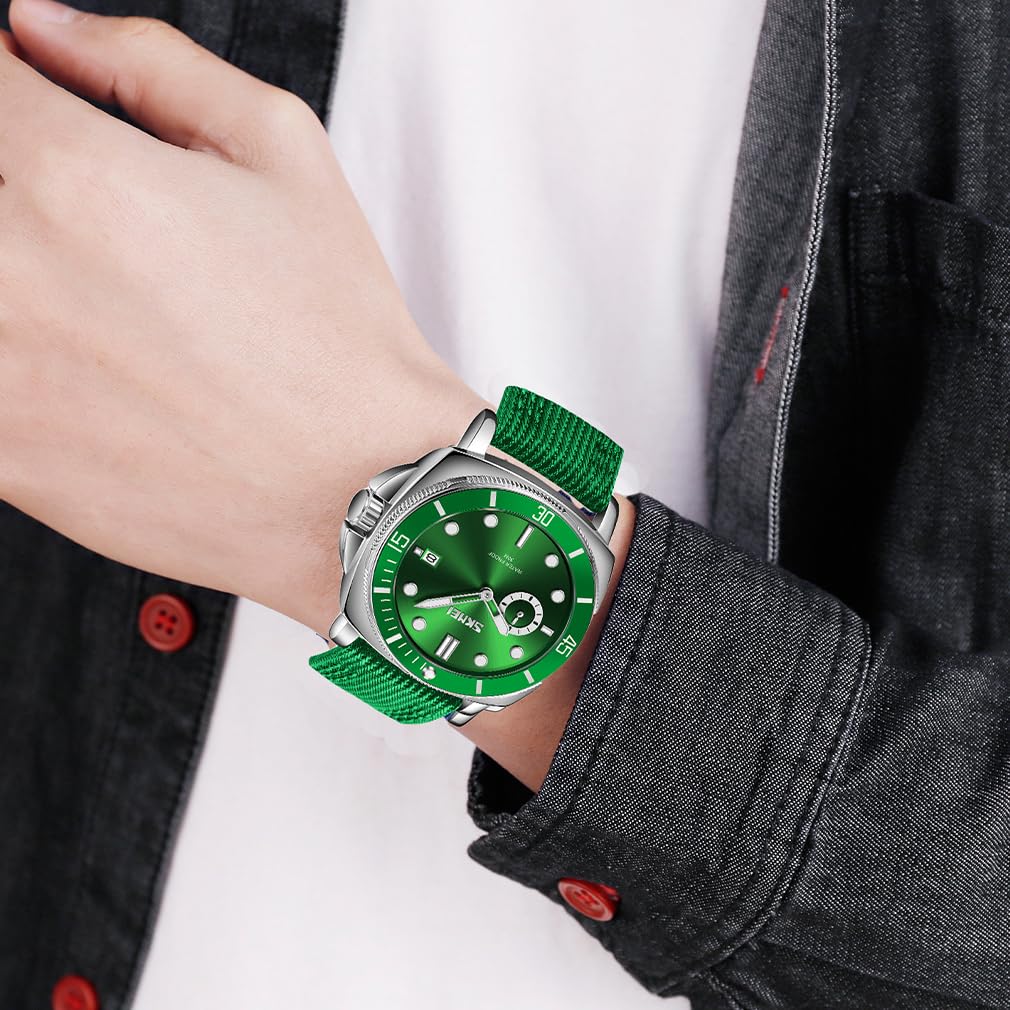 Men's Sports Wristwatch, Stylish Brand, Nylon Strap, Waterproof, Large, Analog, Fluorescent, Luxury, Green, Gift for Men, Casual, Business
