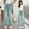 Girls' Summer Thin Side Seam Embroidered Bowknot Jeans Loose Straight Wide Leg Denim Pants Teenagers Pure Color Washed Trousers