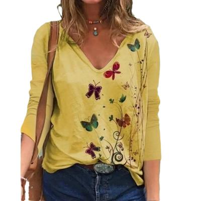 Весенне-осенние женские футболки с V-образным вырезом, принтом бабочек и стрекоз, 3D-печать, модные, повседневные, с длинным рукавом