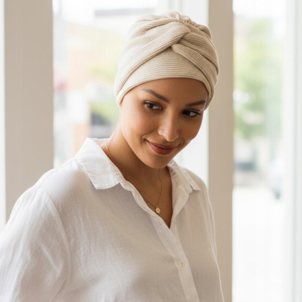 Turban Damski Sara Śmietanka Z Bawełny Prążek Także Po Chemioterapii