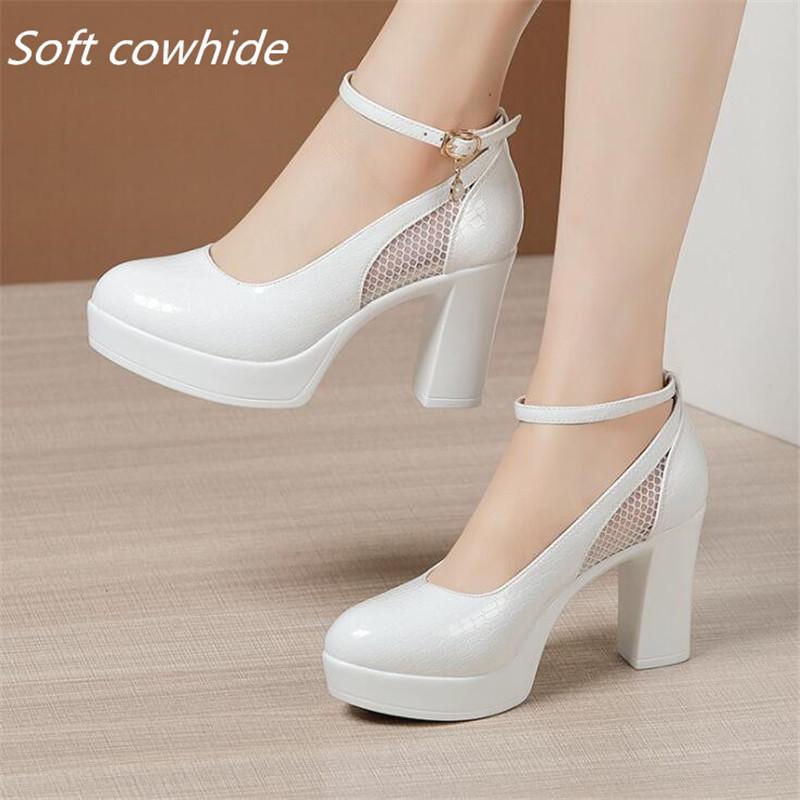 Женские туфли из натуральной кожи с круглым носком, на платформе и высоком каблуке, модные туфли для вечеринок и свадеб, черные рабочие туфли, большие размеры 32-43
