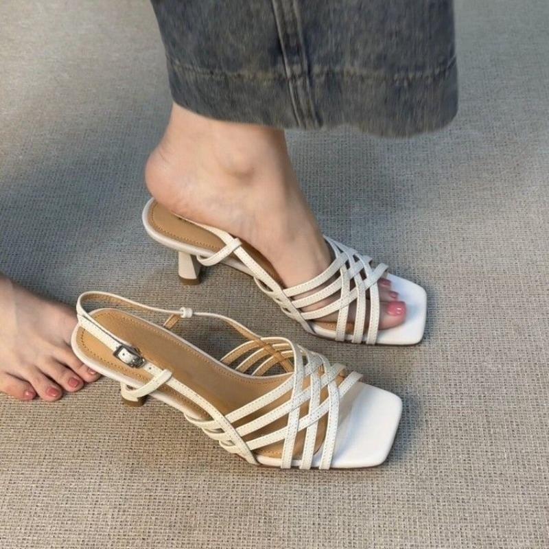 Stiletto Sandals Summer New Square Toe Open Toe Cross Slim Strap One Buckle Anti-Slip Wear-Resistant High Heels
