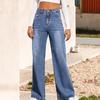 High Waist Denim Pants Buttons Zipper Closure Straight Wide Leg Long Trousers with Pockets Versatile Casual Jeans