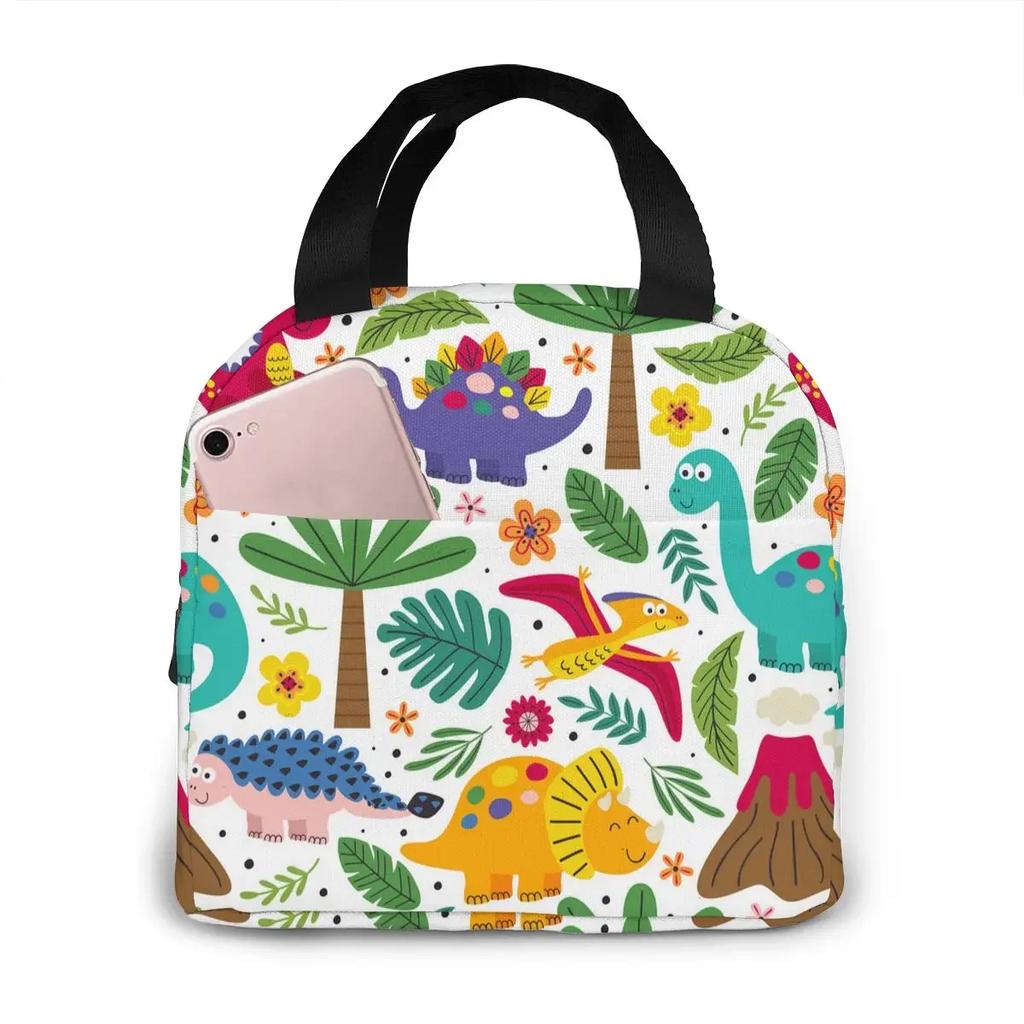 Cartoon Dinosaur Canvas Portable Cooler Lunch Bag Fashion Thermal Insulated Food Bags Food Picnic Lunch Box Bag for Adult Kids