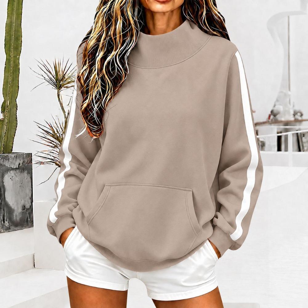 Women's Autumn Winter Loose Casual Sporty Turtleneck Sweatshirt with Sleeve Stripes