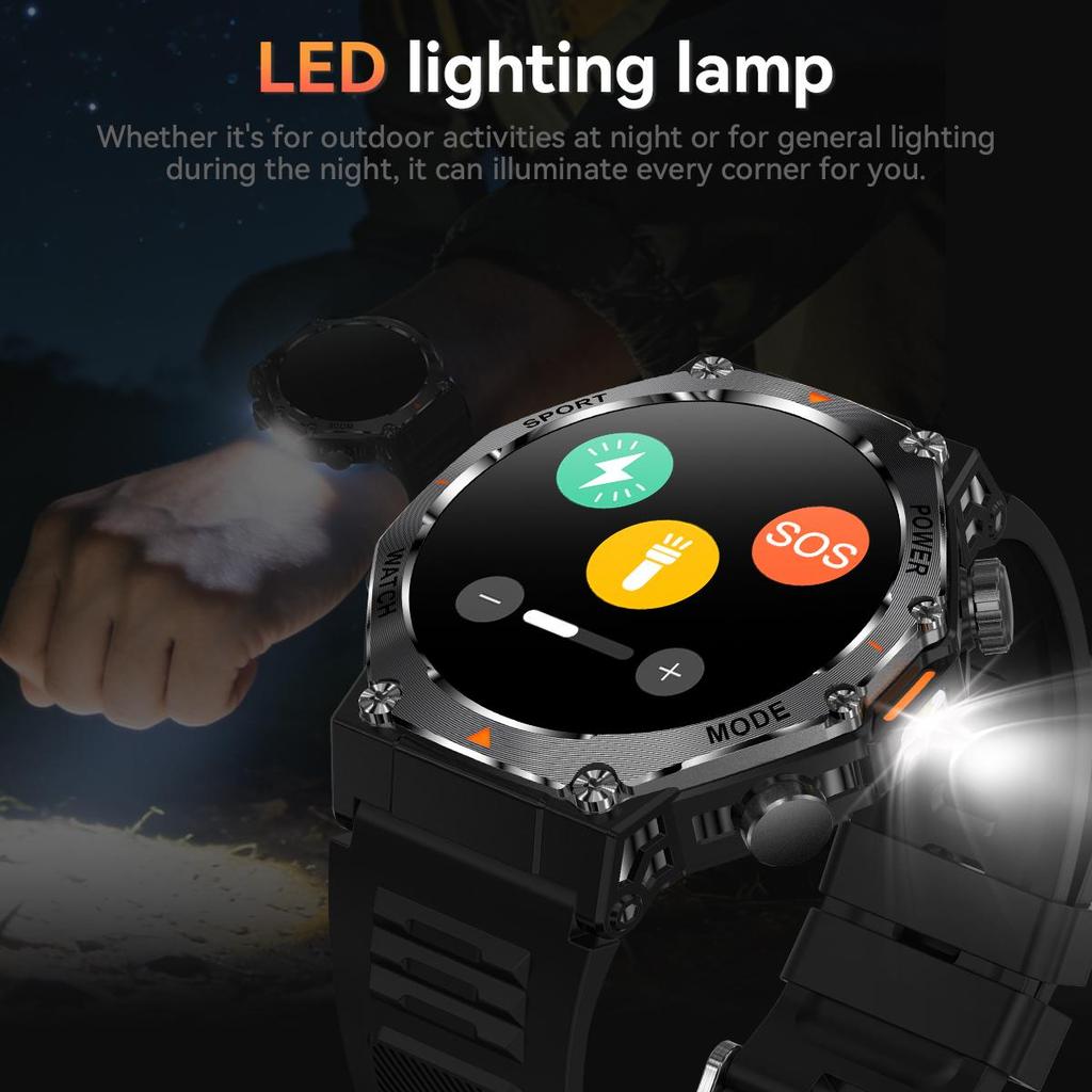 Военные QTLLBT SmartWatch 1,46-дюймовый HD светодиодный фонарик компас фитнес-трекер с функцией спортивные часы, пульсометр SPO2 совместимы с
