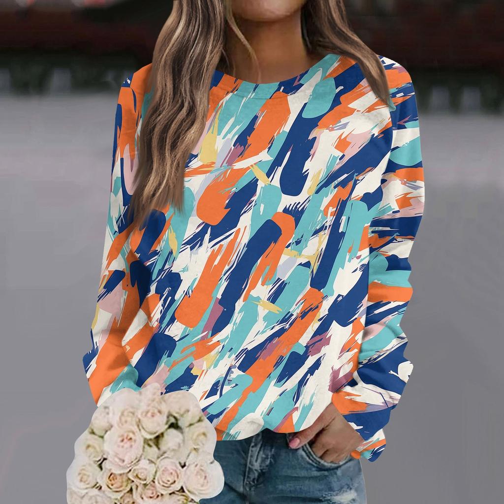 Женский повседневный свитер с длинными рукавами и цветочным принтом в стиле ретро с круглым вырезом и реглановым топом