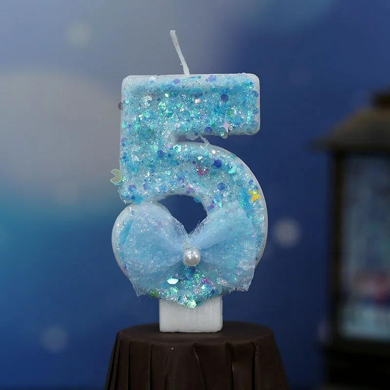 Y 3D Blue Bow Sparkling Number Candles - Birthday Cake Topper with Glitter Accents, Kawaii Party Decor for Birthdays/Weddings