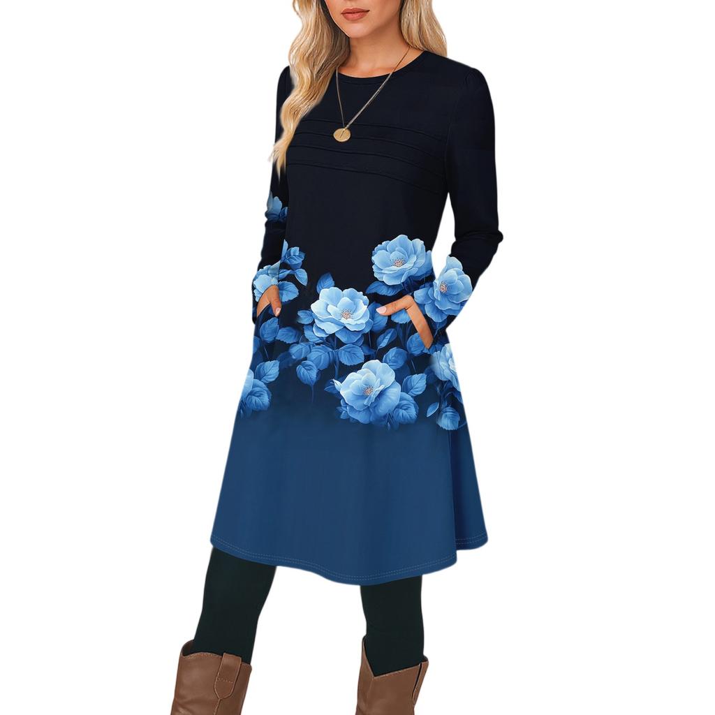 Женские повседневные модные платья с длинным рукавом, с графическим принтом, винтажные, с карманами