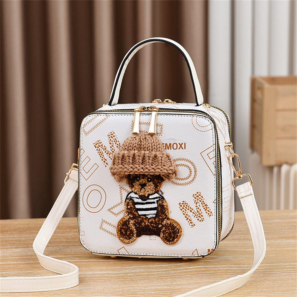 PU Leather Shoulder Bags Fashion Simple Cute Cartoon Bear Crossbody Bag Messenger Bag Women Female Small Square Bag Handbags