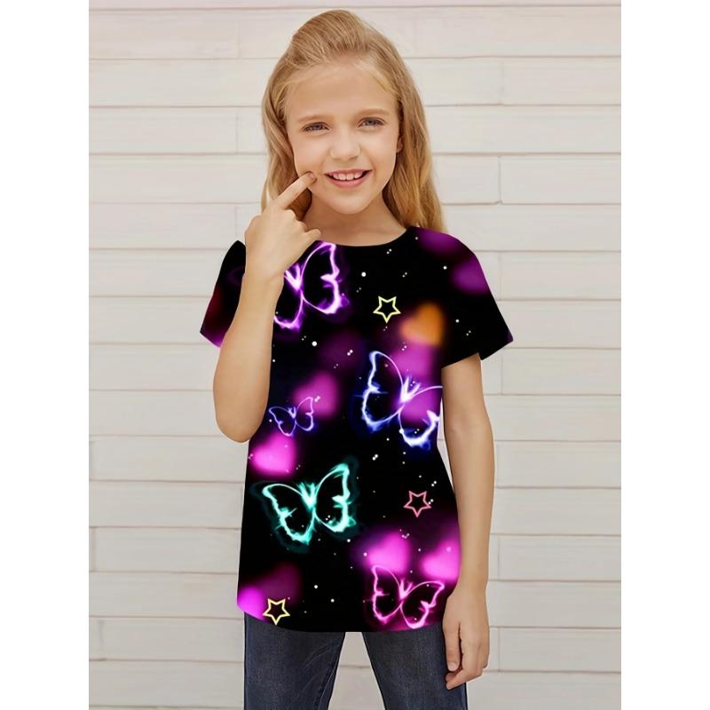 2024 New Purple Butterfly 3D Print T-Shirt For Girl Casual Tops Short Sleeve Tees For Girls Summer Kids T-shirts Chicas Camiseta