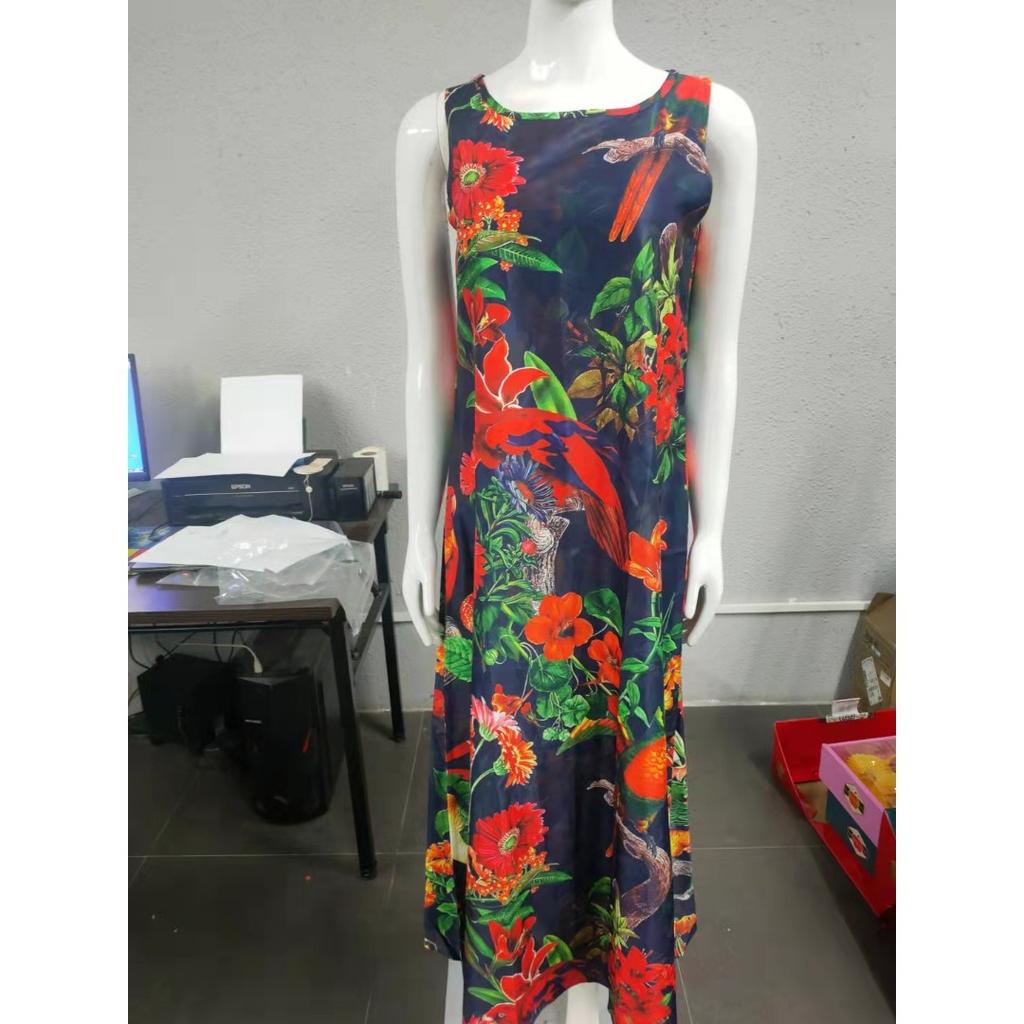 GMXIA Summer Positioning Flower Round Neck Sleeveless Loose Print Dress Long Skirt Women