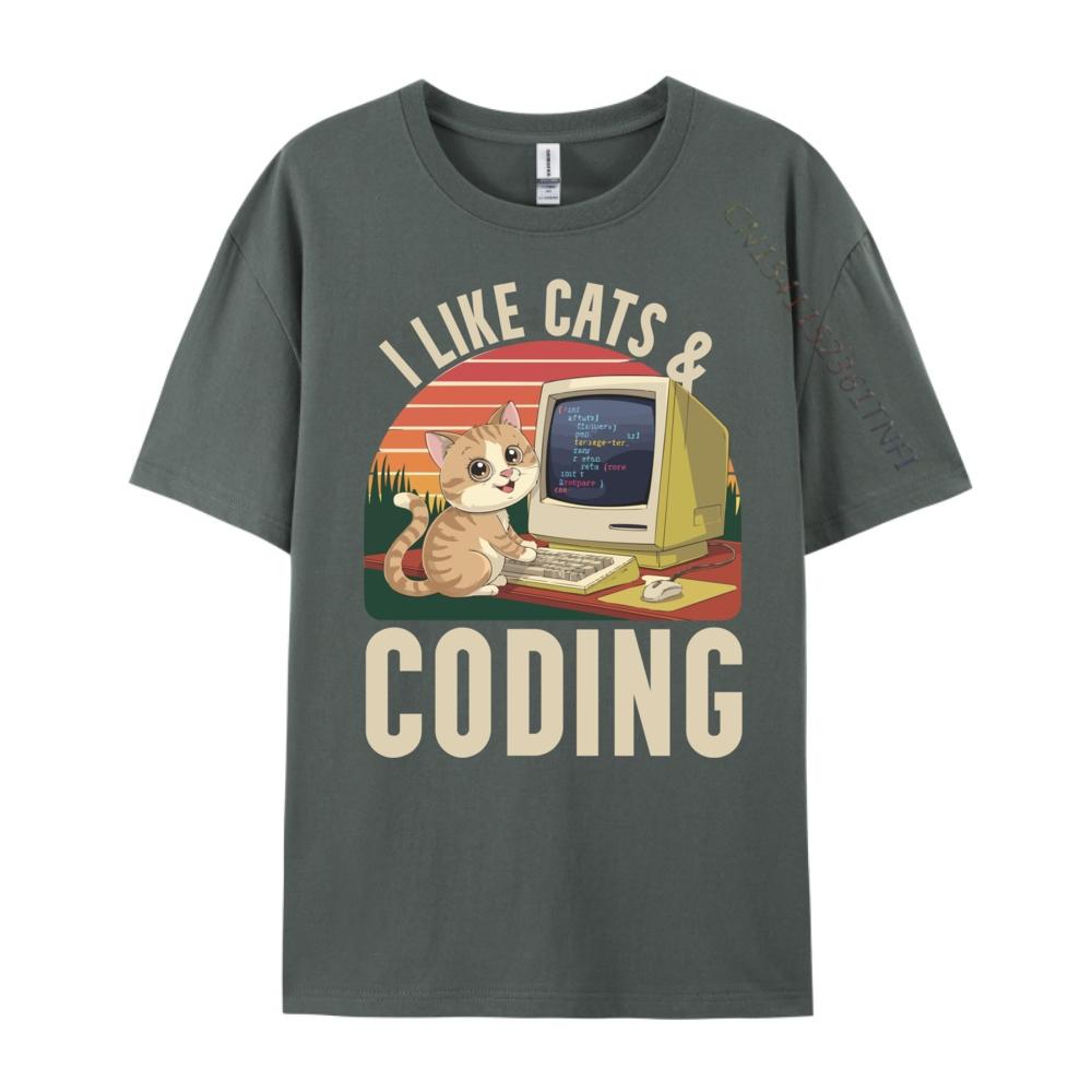 Programmer Cat Kitty Meow Animal Pet Computer Programming Vintage T Shirt Unisex Man Clothes Graphic Cotton Short Sleeve