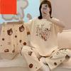 Three-Piece Pajamas Women Short-Sleeved Milk Silk Trousers Shorts Loose Wearable Homewear Letters Cartoon Bear Two-Piece Suit