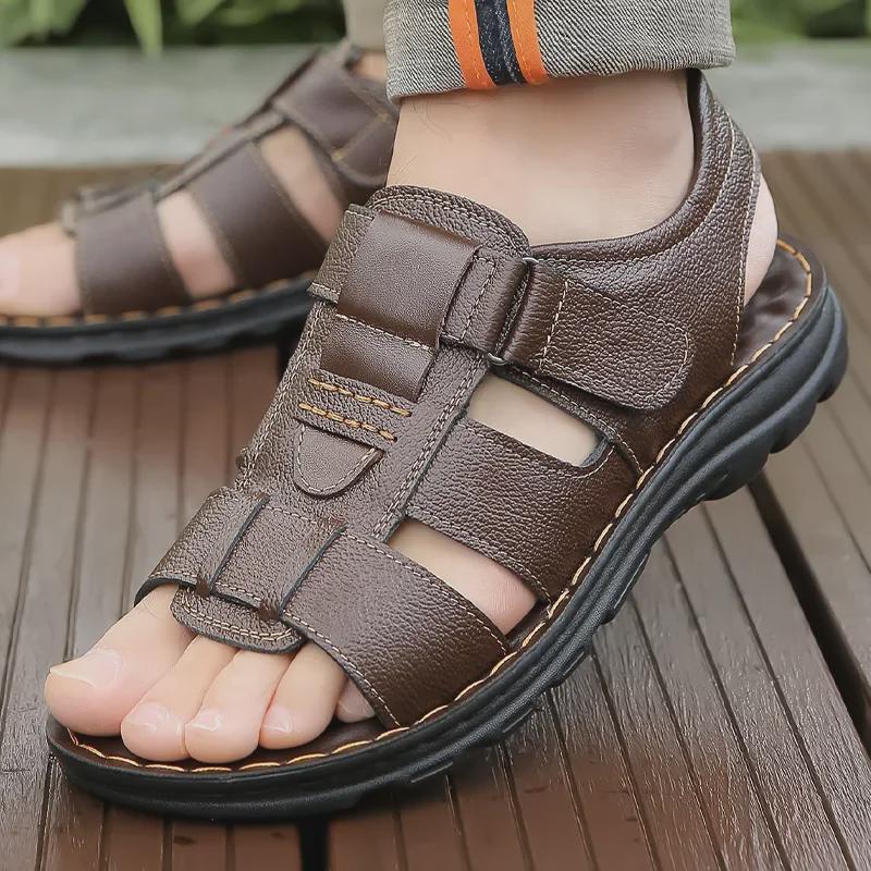 Men's 2024 Summer Genuine Leather Breathable Sandals - Versatile, Soft Bottom, Beach-Ready.