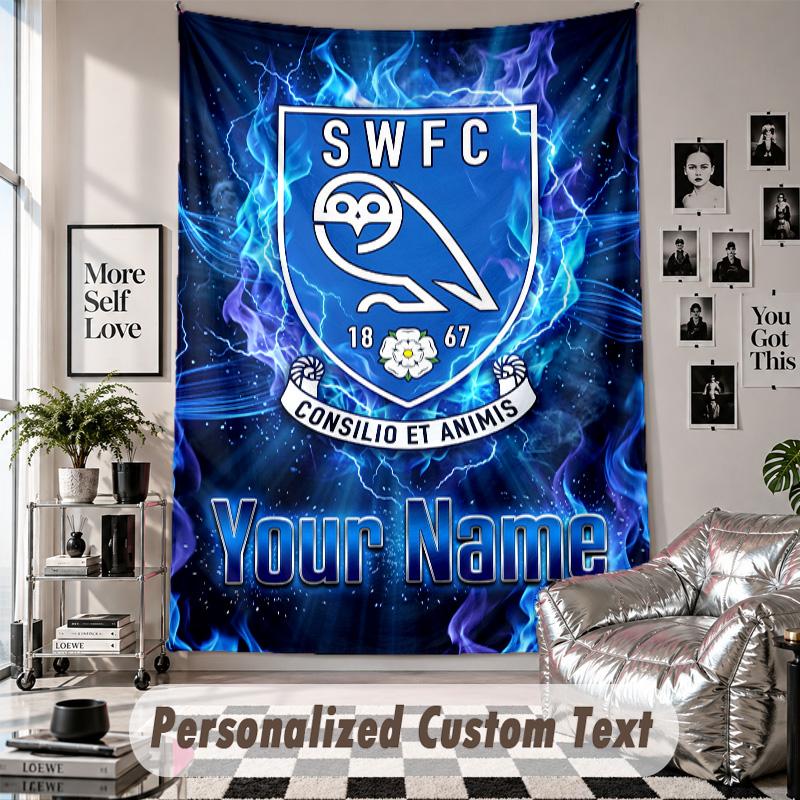 Wall Hanging Tapestry With Custom Name & Text, Sheffield Wednesday FC Decorative Tapestry For Bedroom