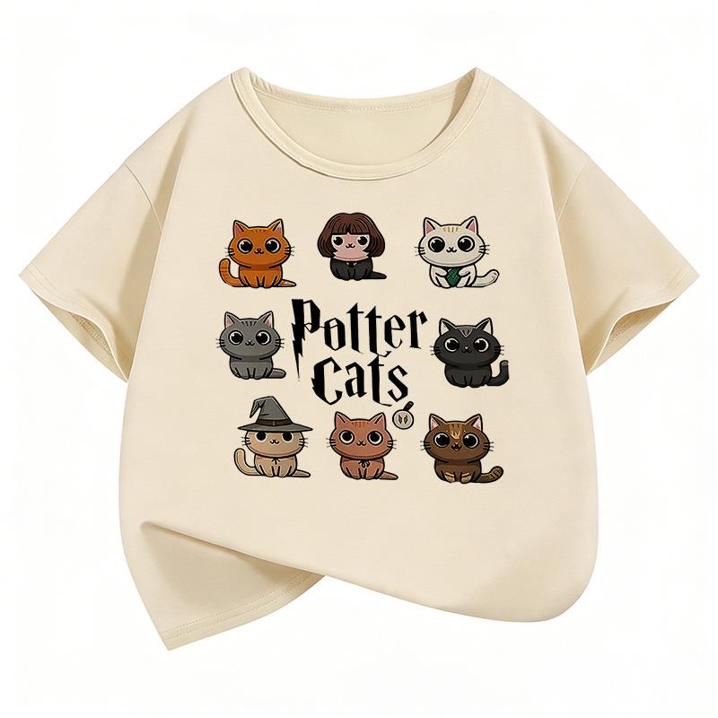 Potter Cat Graphic Kids Tshirts Summer Short Sleeve Tees Cartoon Animal Boys Girls Clothes Kawaii Tops Y2K Children Tshirt