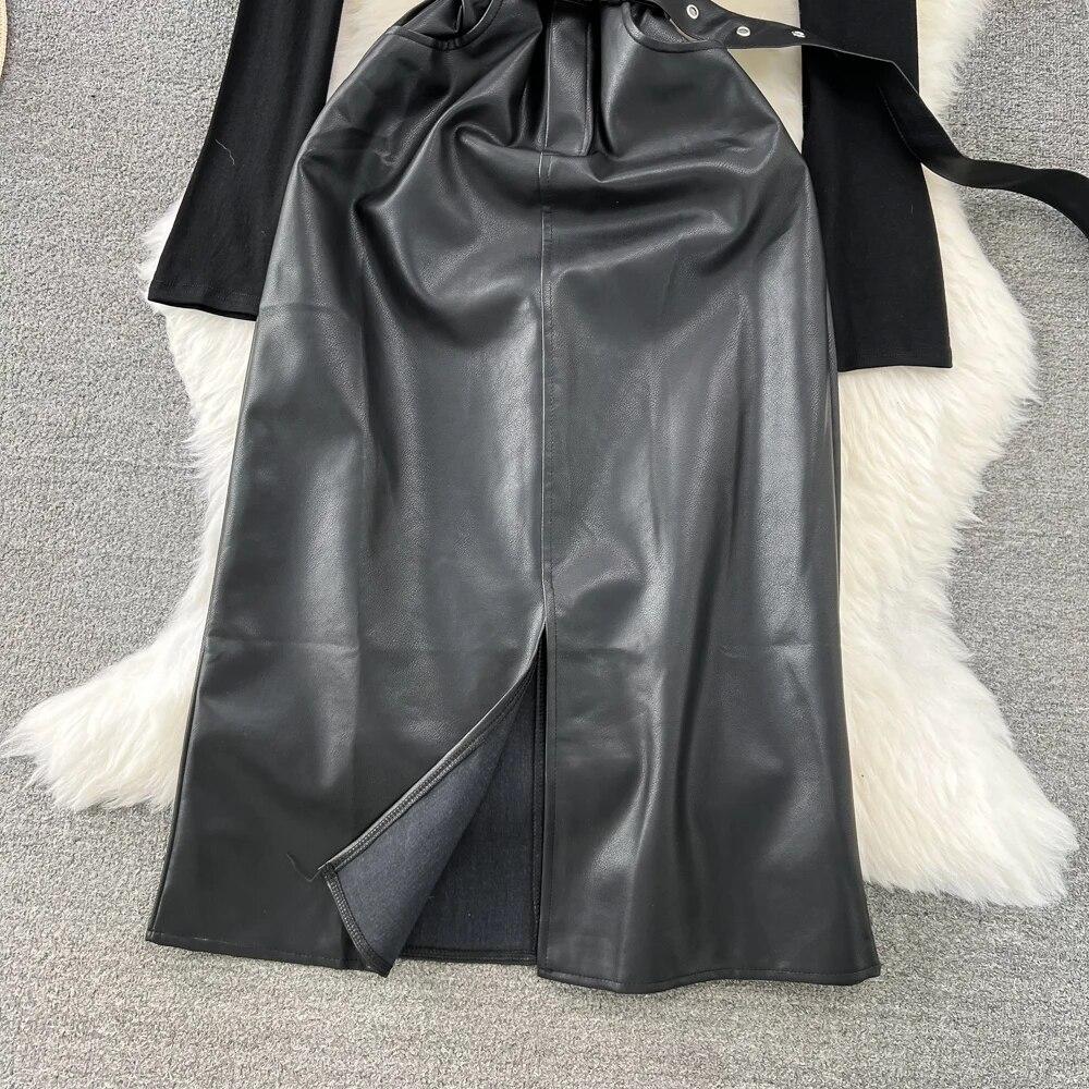 Новая весенняя женская блузка с длинными рукавами, топы и тонкие бретели из искусственной кожи, облегающее платье-карандаш, комплект из двух предметов