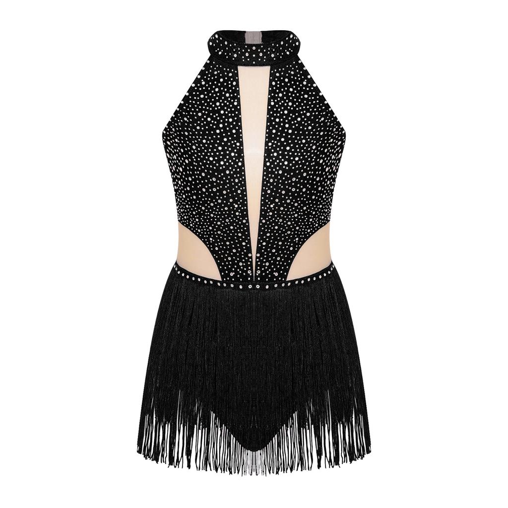 Боди для танцев для девочек со стразами, без рукавов, с открытой спиной и бахромой для выступлений и соревнований по латиноамериканским танцам