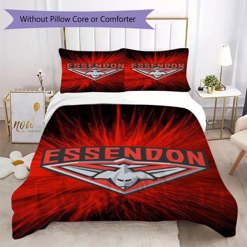 Essendon Football Club Red Black Diagonal Stripe Bomber Logo Bedding Set Aussie Rules Football Duvet Cover Set Sports Fan Bedroom Home Decor Bedding