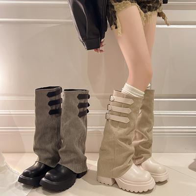 Модные полусапоги на среднем каблуке Модные с круглым носком Рукав Пряжка-ремень Платформа Противоскользящие Износостойкие Модные сапоги