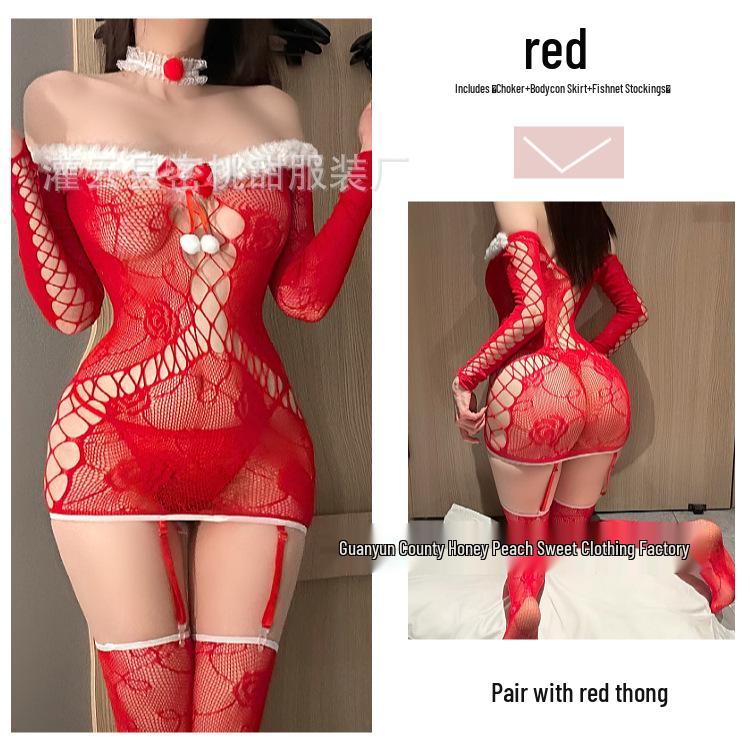 Sexy Christmas Lace Bodysuit & Fishnet Stockings with Garter Belt - Quick Release