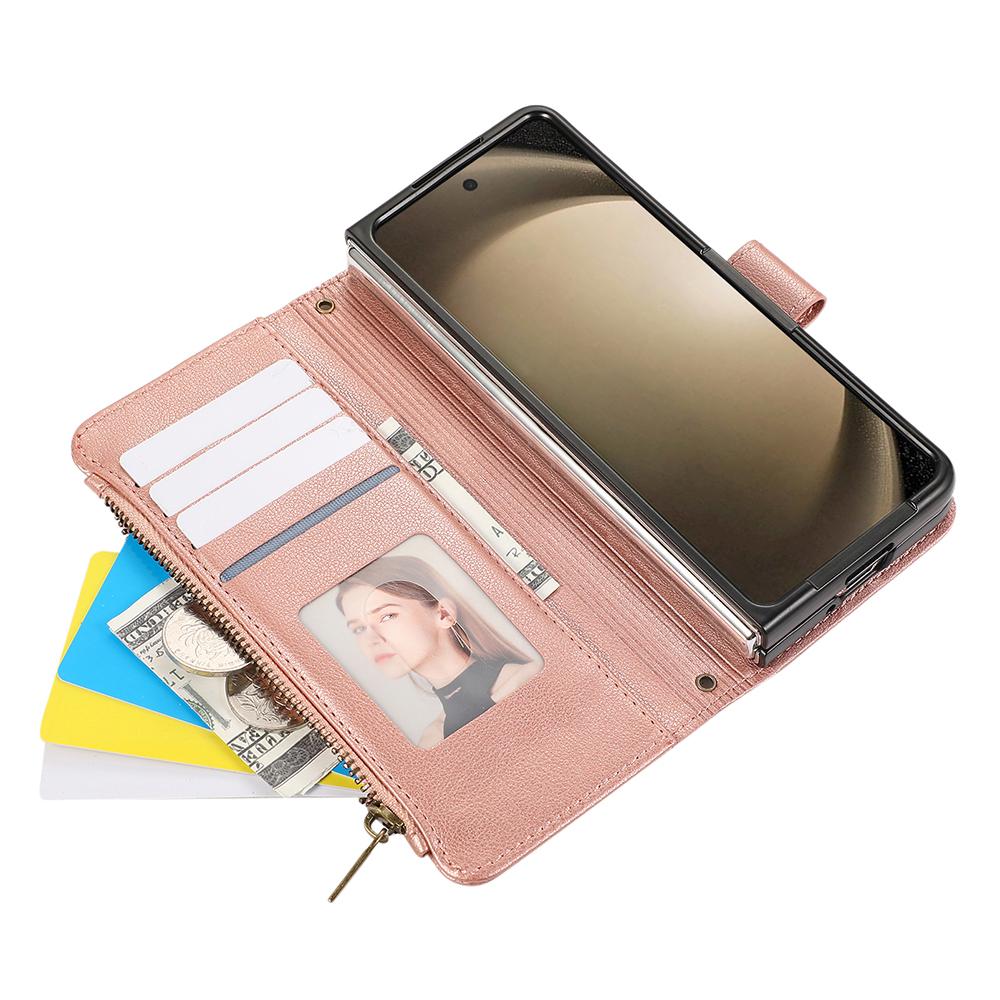 Чехол для Samsung Galaxy Z Fold6 5G с несколькими отделениями для карт, на молнии, кожаный чехол для телефона с ремешком на запястье