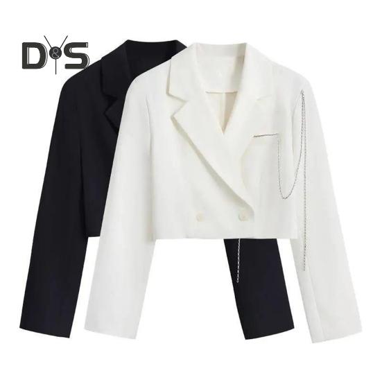 Women Short Suit Coat Double Breasted Chain Decor Long Sleeve Cardigan Lapel Notch Collar Loose Solid Color Thin Formal Business Style Lady Jacket