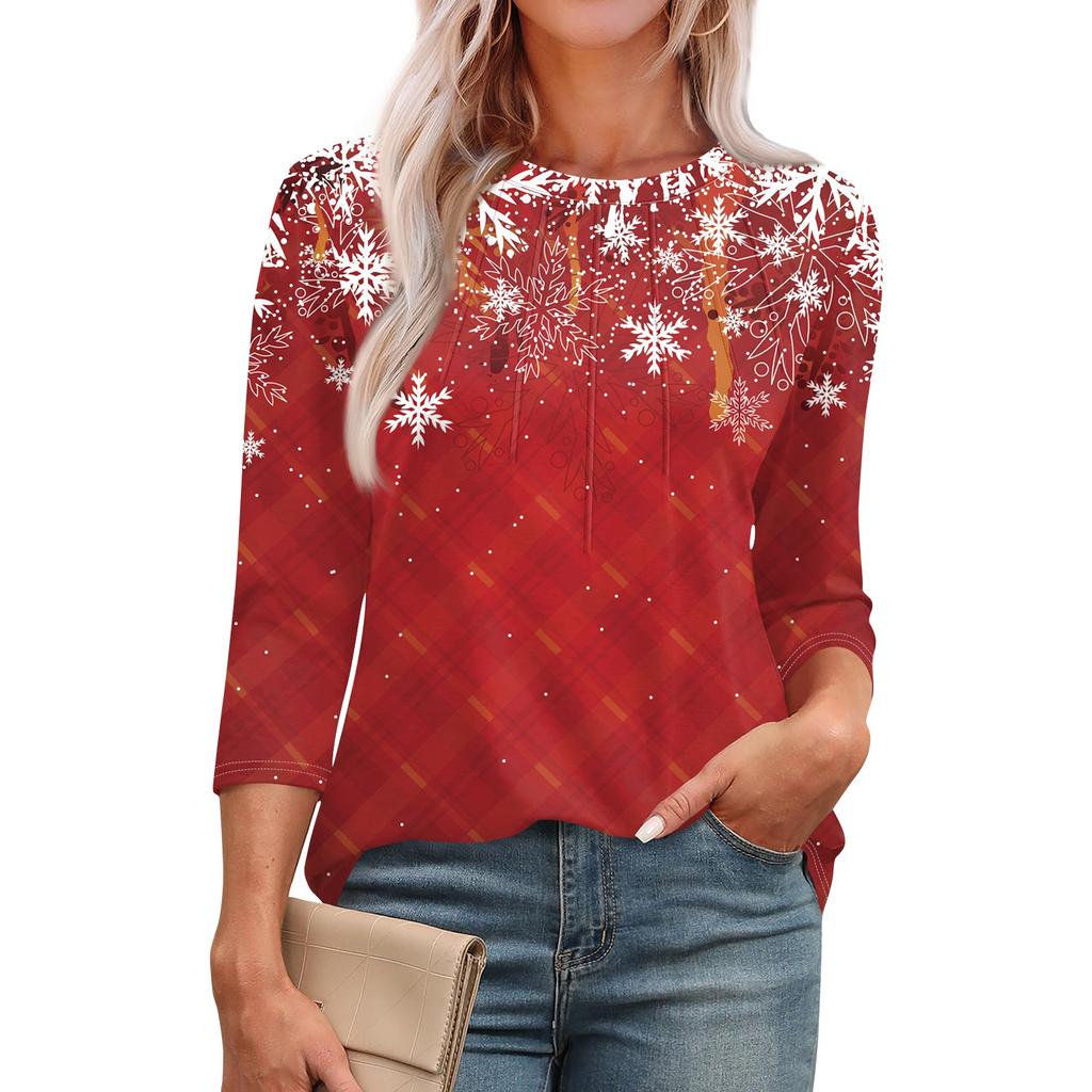 Женская модная футболка с круглым вырезом и рукавом 3/4 с принтом, повседневная, базовая, плиссированная, пуловер