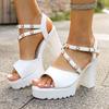 Fashion Platform Block Heel Sandals Summer New Round Toe Open Toe Pearl One-Slip Wear-Resistant High Heels