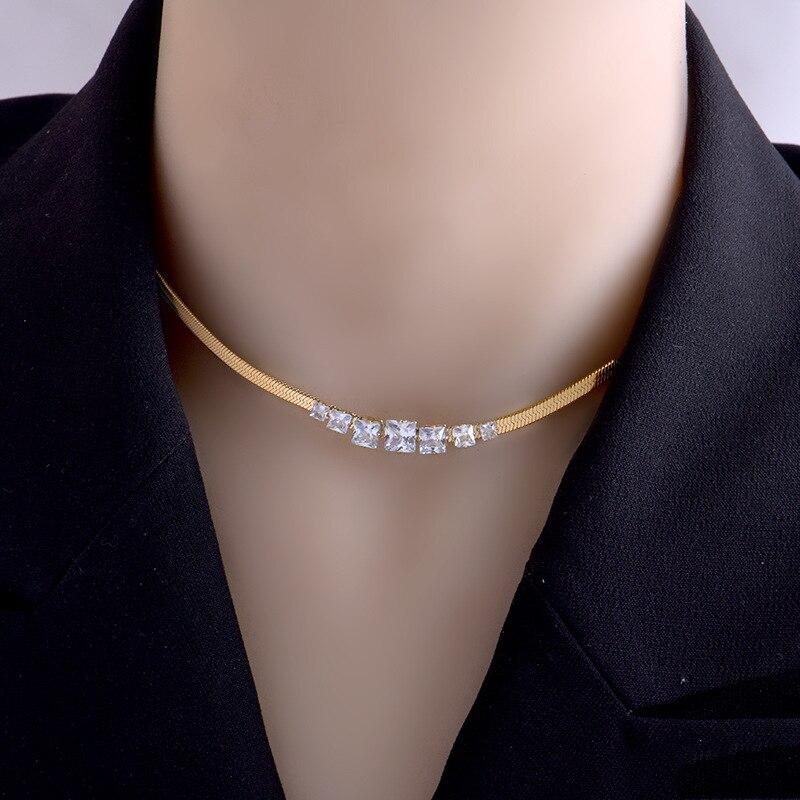 316L Stainless Steel Snake Chain Necklace For Women Zircon Square Pendant Neck Chain Jewelry 18K Gold Collar Necklace AVE