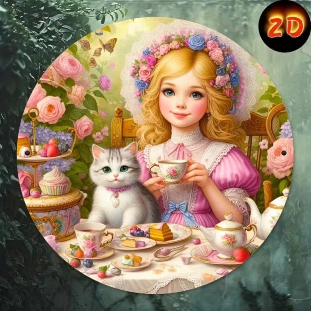 2D Арт 'Девушка и Кот на Послеобеденном чае', Легко Повесить Металлический Баннер, Декор для Дома и Сада для Любителей Кошек, Уникальный Подарок для Любителя Кошек