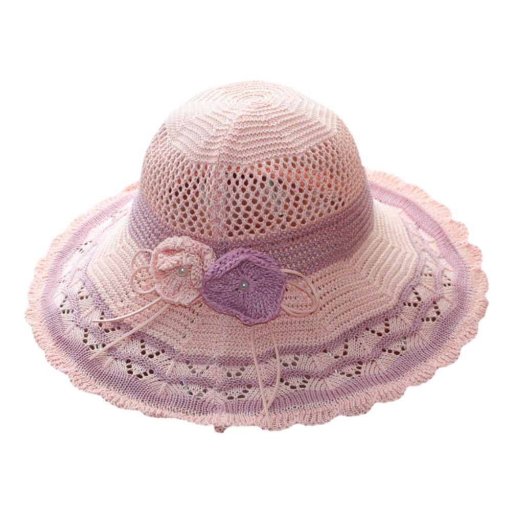 (One Size, Pink) Women Summer Knit Sun Hat Breathable Crochet Flower Wide Brim Sun Protection Fisherman Cap