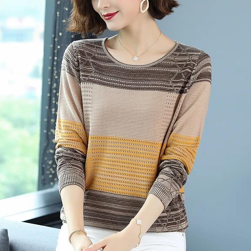 Striped Sweater Knitted Pullover Thin Round Neck Long Sleeves Women's Top Casual Undershirt Commute Spring Autumn