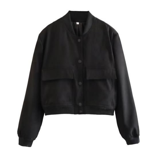 Женская повседневная куртка с длинными рукавами и воротником-стойкой, сплошной цвет, застежка на пуговицах, большой карман, короткие женские женские бомберы, укороченное пальто, верхняя одежда