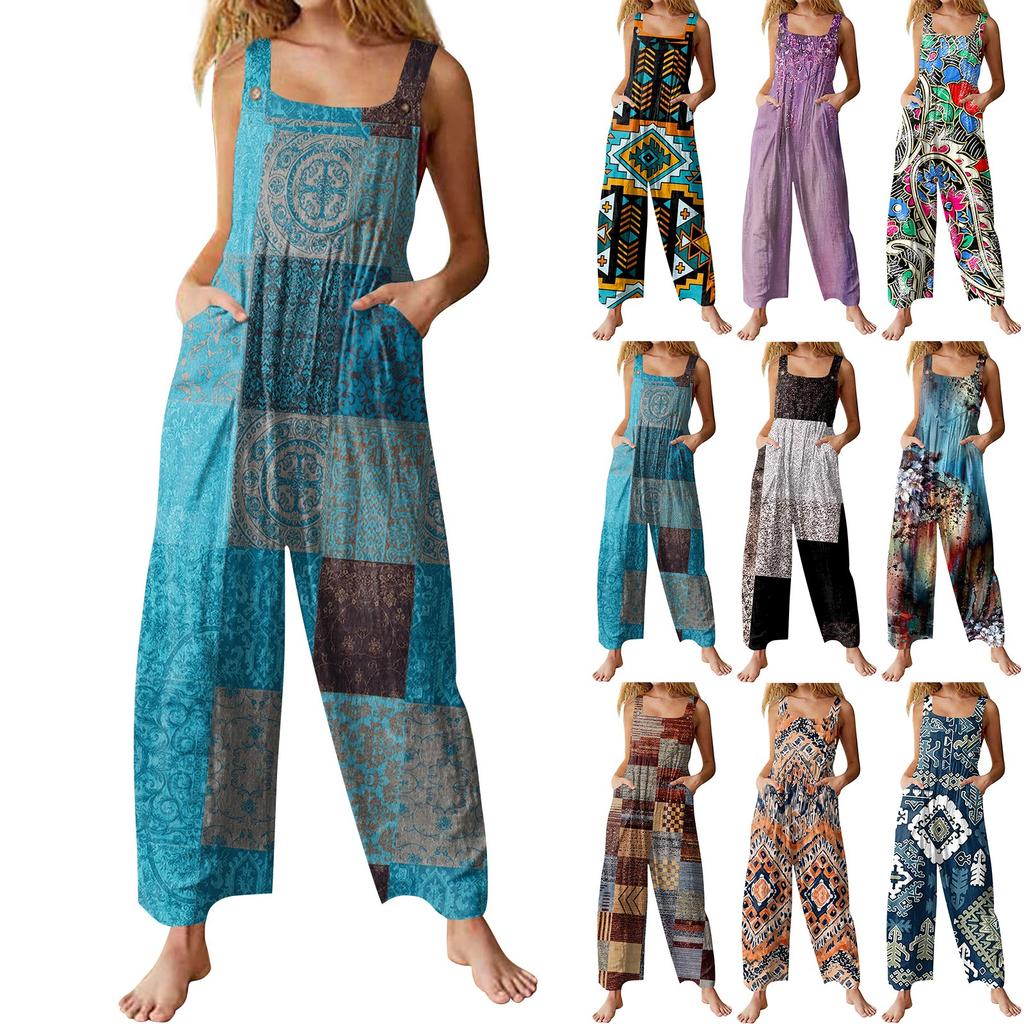 Women's Fashion Casual Loose Back Straps Wide Leg Vintage Printed Jumpsuit