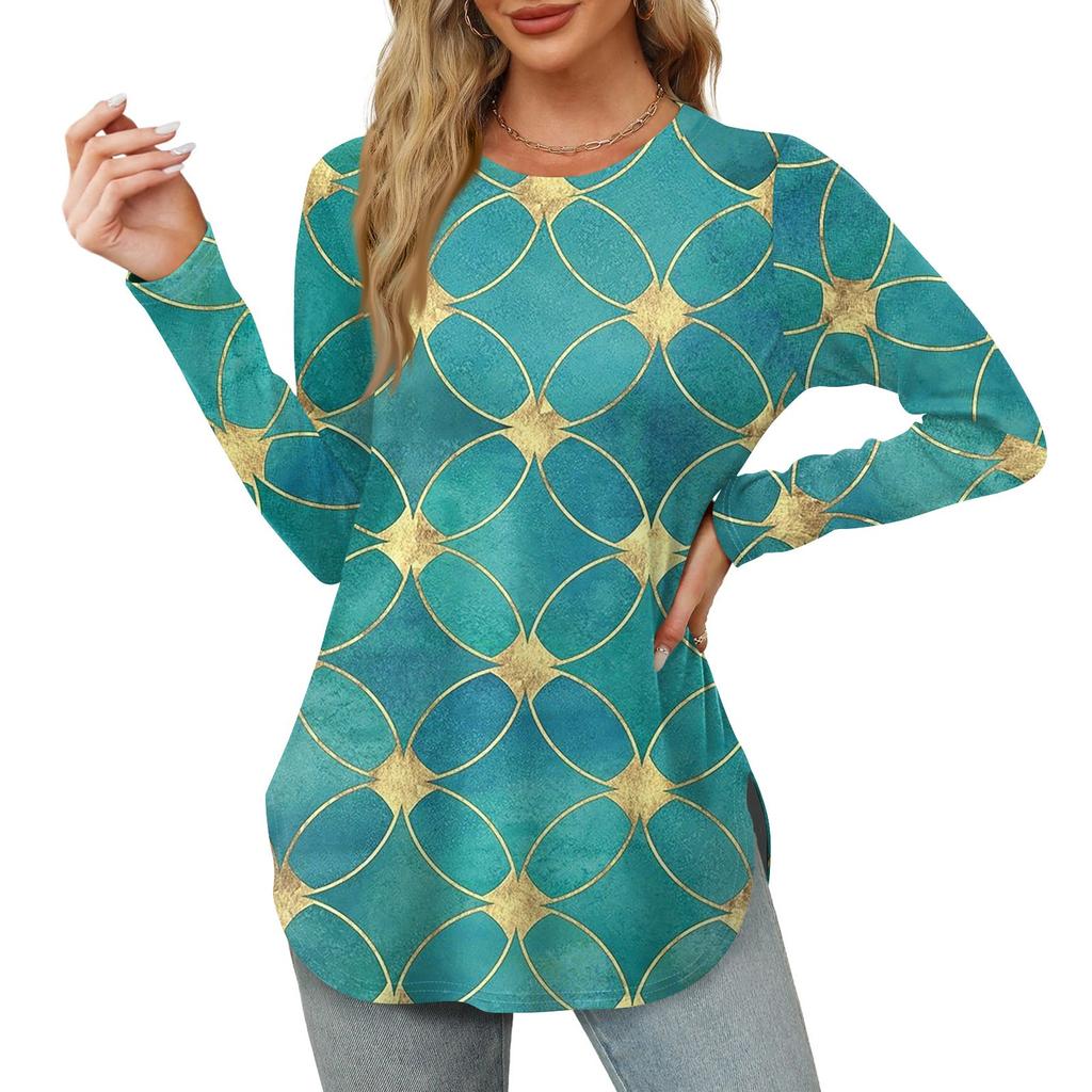 Женские рубашки с длинным рукавом и круглым вырезом, базовые свободные туники с боковым разрезом, повседневные рубашки с цветочным принтом