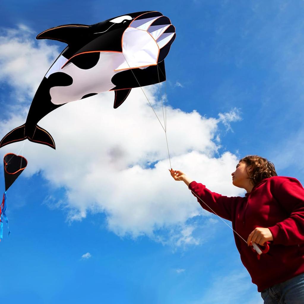 New Arrive Outdoor Fun Sports Single Line 57Inch Black Software Whale/ Dolphin Kite / Animal Kites With 14cm Wheel Good Flying Mass Air Flow 3