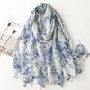 Classic Blue Flower Print Scarf Elegant Tassel Shawl Casual Windproof Head Wrap Hijab Sunscreen Travel Beach Towel For Women