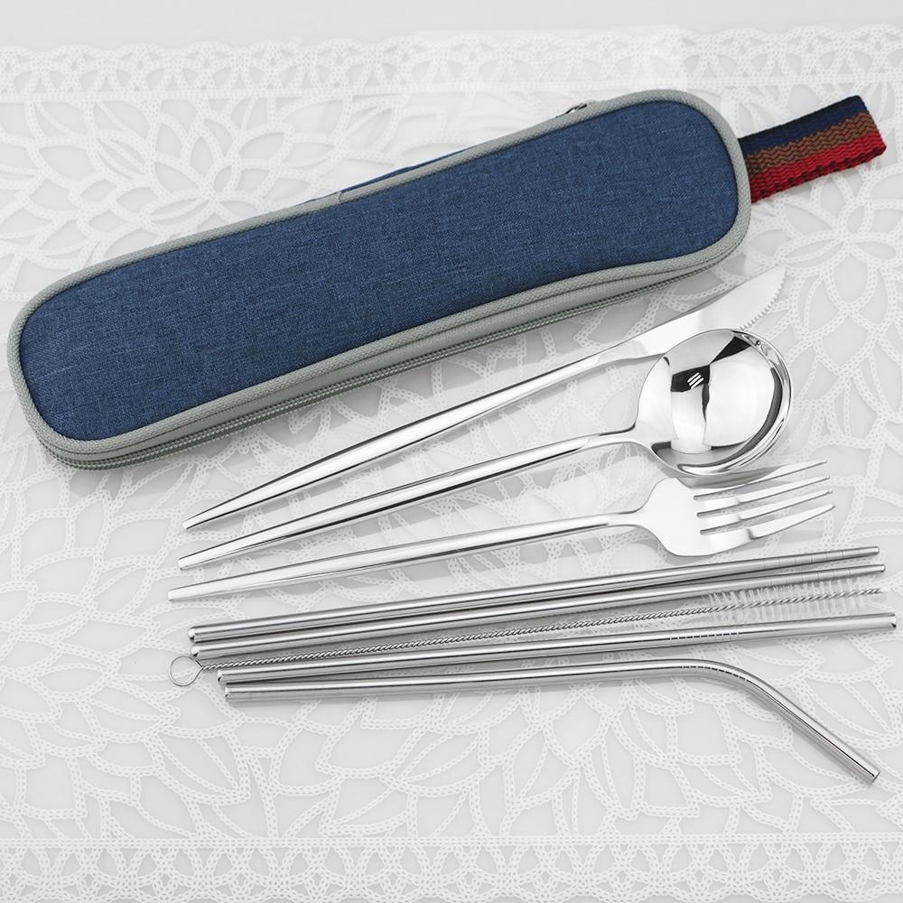 8 шт. портативный блестящий золотой дорожный набор столовых приборов с портативной синей сумкой, набор столовой посуды из нержавеющей стали, ложка, вилка, нож, набор столовых приборов с палочками для еды, соломинка