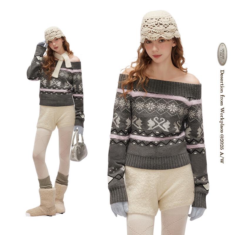 unifree Fair Isle Off-Shoulder Lapel Knit Sweater