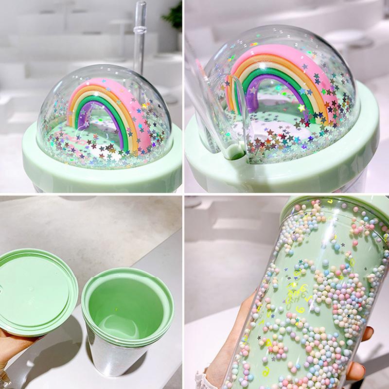 Double Layers Rainbow Plastic Water Bottle With Straw Creative 550Ml Mug