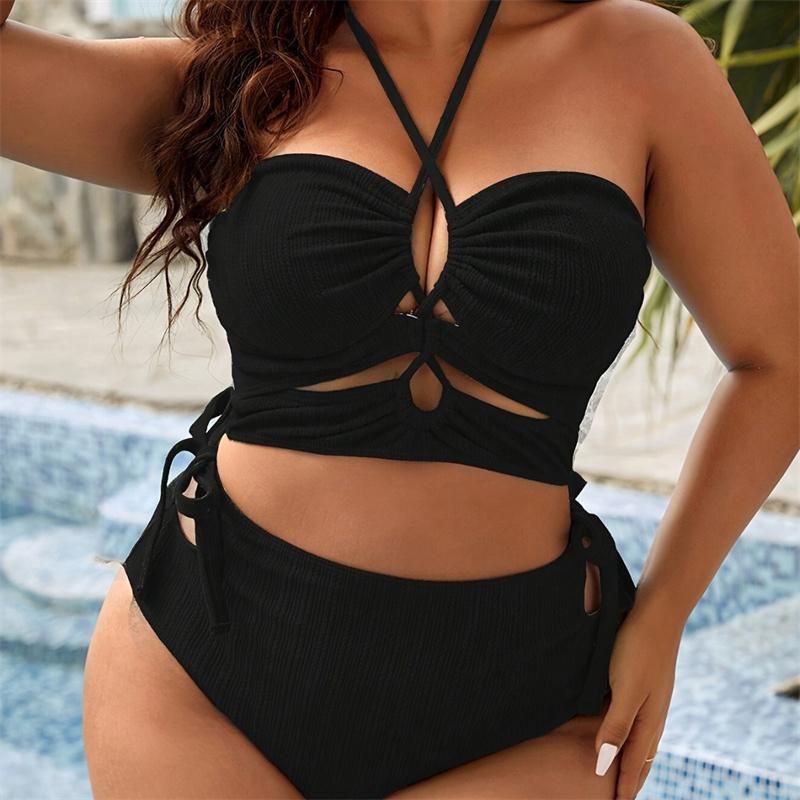 Big Size Women's Bikinis Trend 2025 Halter Two Piece Female Bikinis Sets Bandage Sexy Swimsuit Solid High Waist Swimwear