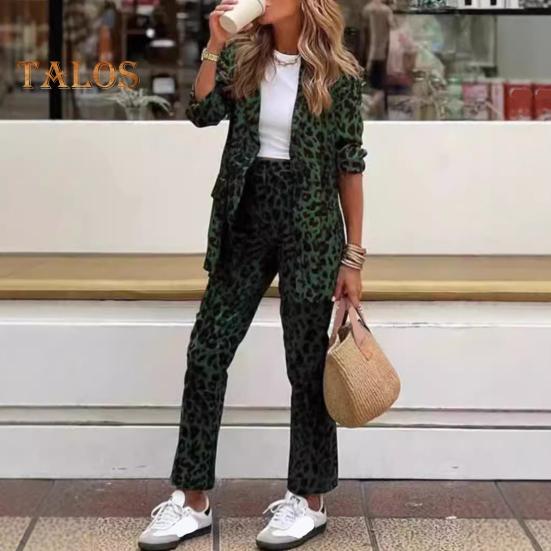 2 шт./комплект женский формальный пиджак брюки комплект длинные рукава леопардовый принт лацкан кардиган средней длины пиджак прямые брюки с высокой талией формальный деловой