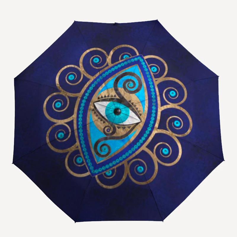 Elegant Evil Eye Decorative Plate Blue and Gold Mandala DesignUmbrella, Portable 3-Fold Compact Umbrella for Men & Women ES58