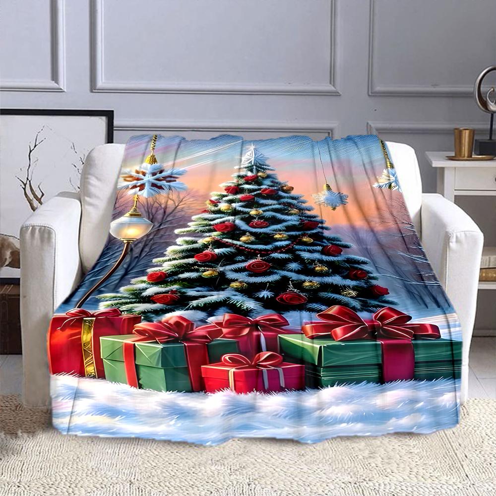 Snowy Christmas Tree with Gifts and Decor Patterned flannel blanket perfect for the bedroom living room, sofa, or a little nap