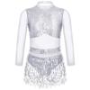 Girls Dance Costume Mesh Long Sleeve Shiny Sequins Hollow Back Patchwork Style Tassel Dress