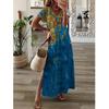 Fashion V Neck Split Loose Beach Dress Retro Pattern Print Women Long Dress Summer Elegant Short Sleeve Maxi Dress
